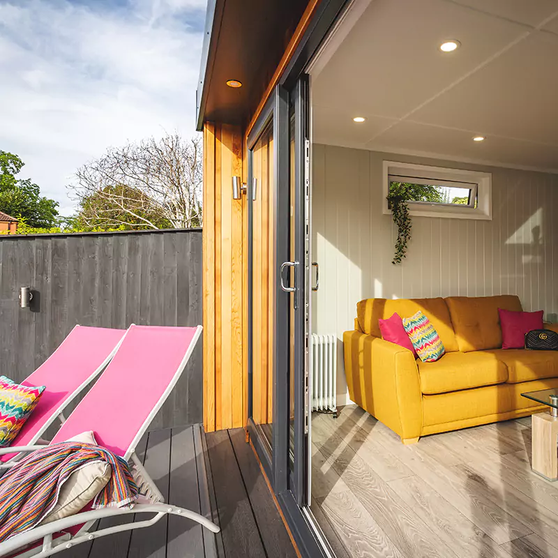 summerhouse with sliding patio doors