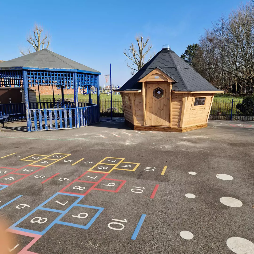 Cabins for schools school building located on playground on a sunny day