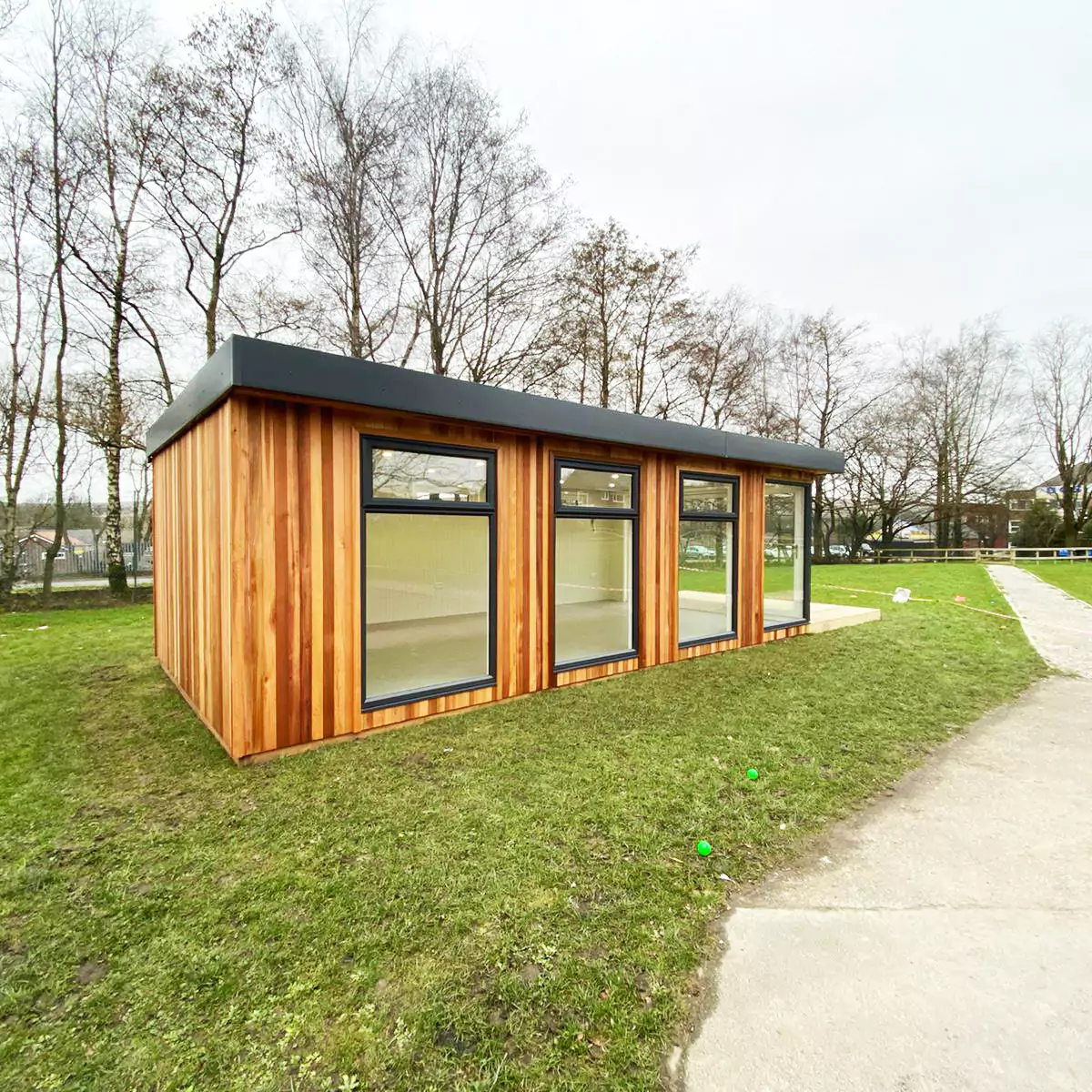 cedar timber school cabin with canopy area for pupils to enjoy in any weather