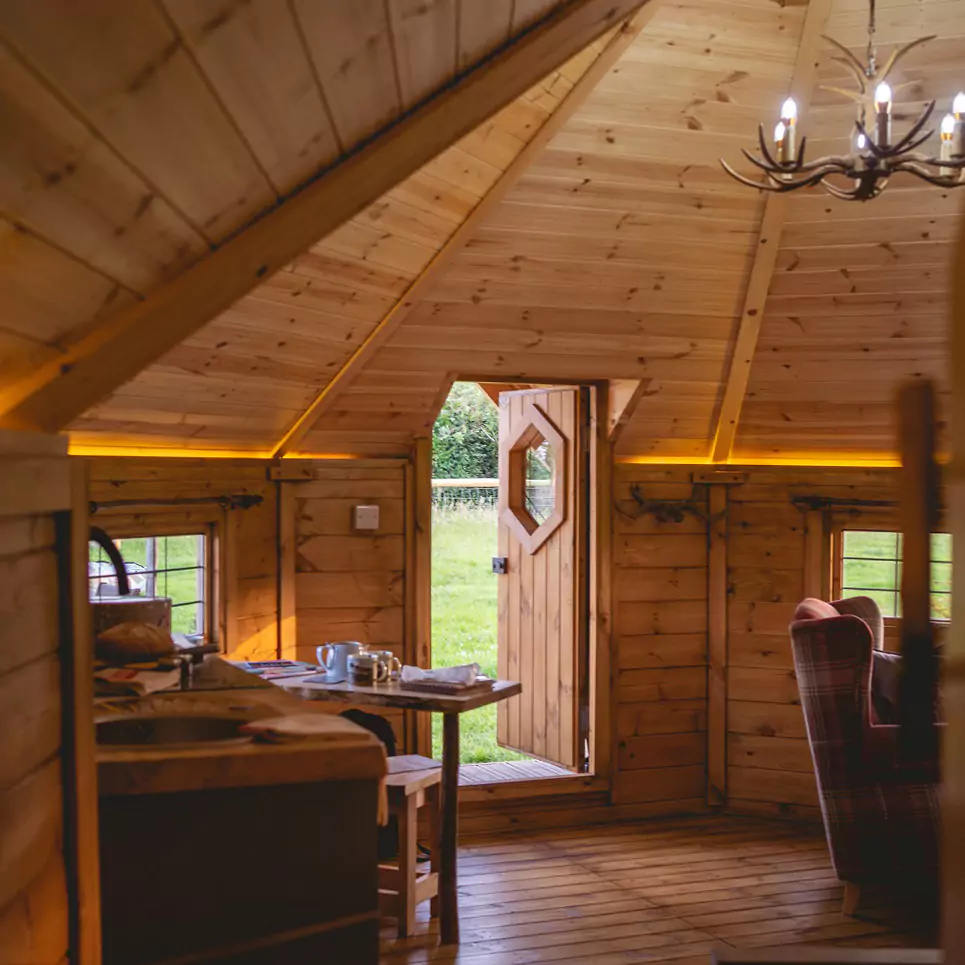 large spacious interior of a glamping lodge