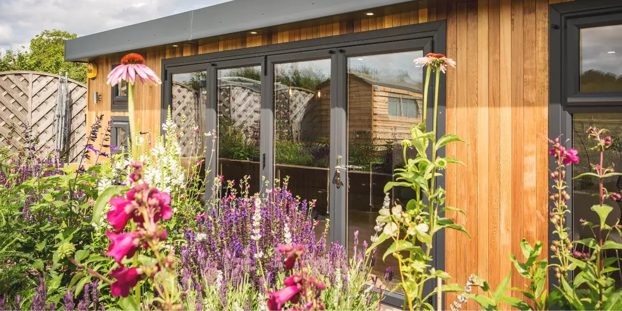 close up of a garden gym with flowers in foreground