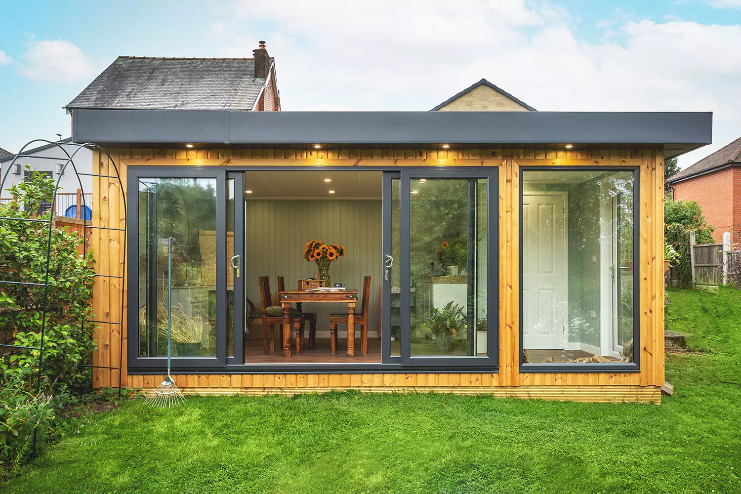 Redwood timber garden studio office with sliding doors