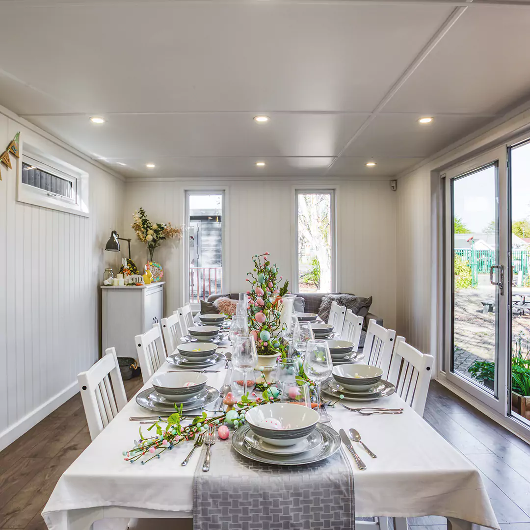 Cabin Master Garden Dining Room with Halloween Decorations Inside View with Dining Table and Chairs 