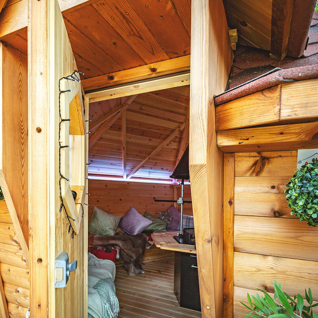 Arctic Cabins BBQ cabin looking inside through the open door