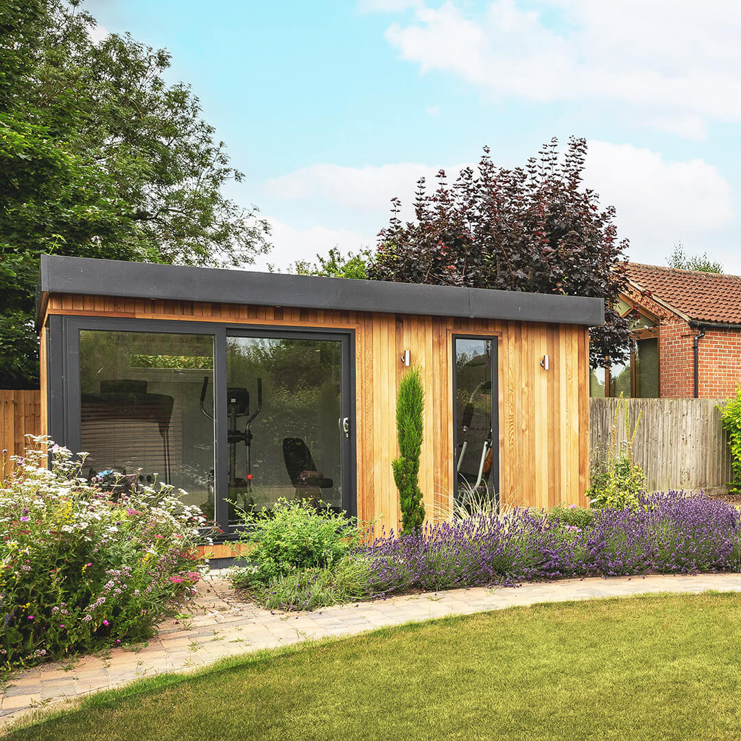 cedar garden building with garden path and lavender alba plants