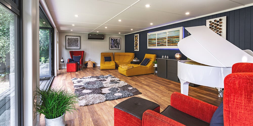Interior design ideas for garden rooms, showing bright contemporary furniture