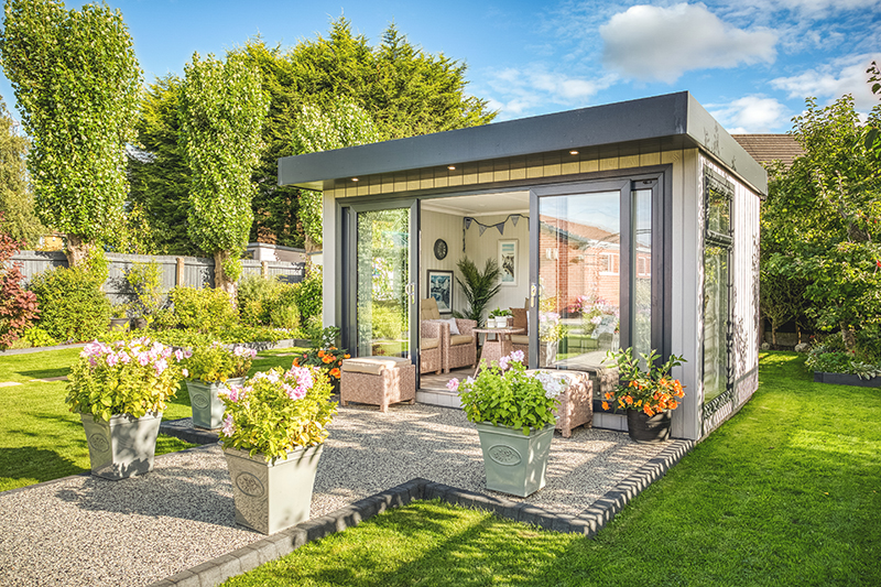 Garden summerhouse photographed on a bright autumn day