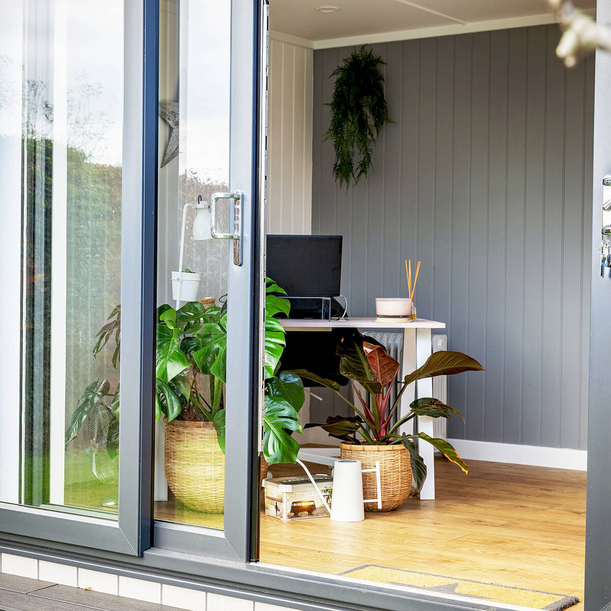 Looking inside a small garden room office