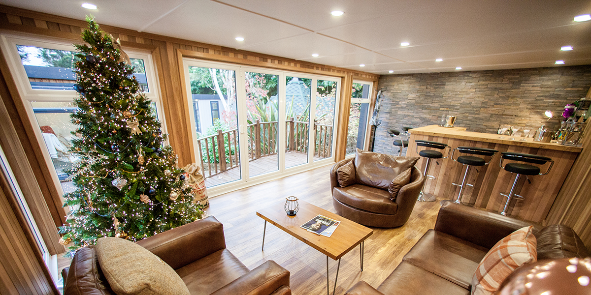 Interior of a garden room bar decorated for christmas