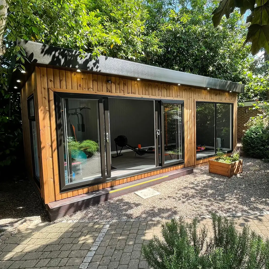 Garden building gym room at the Nottingham Cabin Master show site