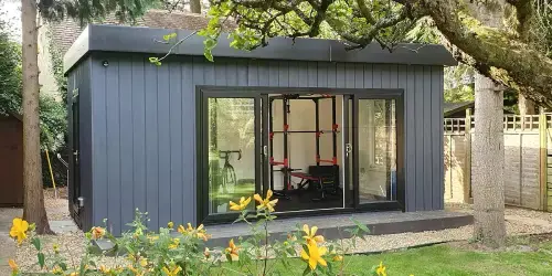 large golf sim room in garden